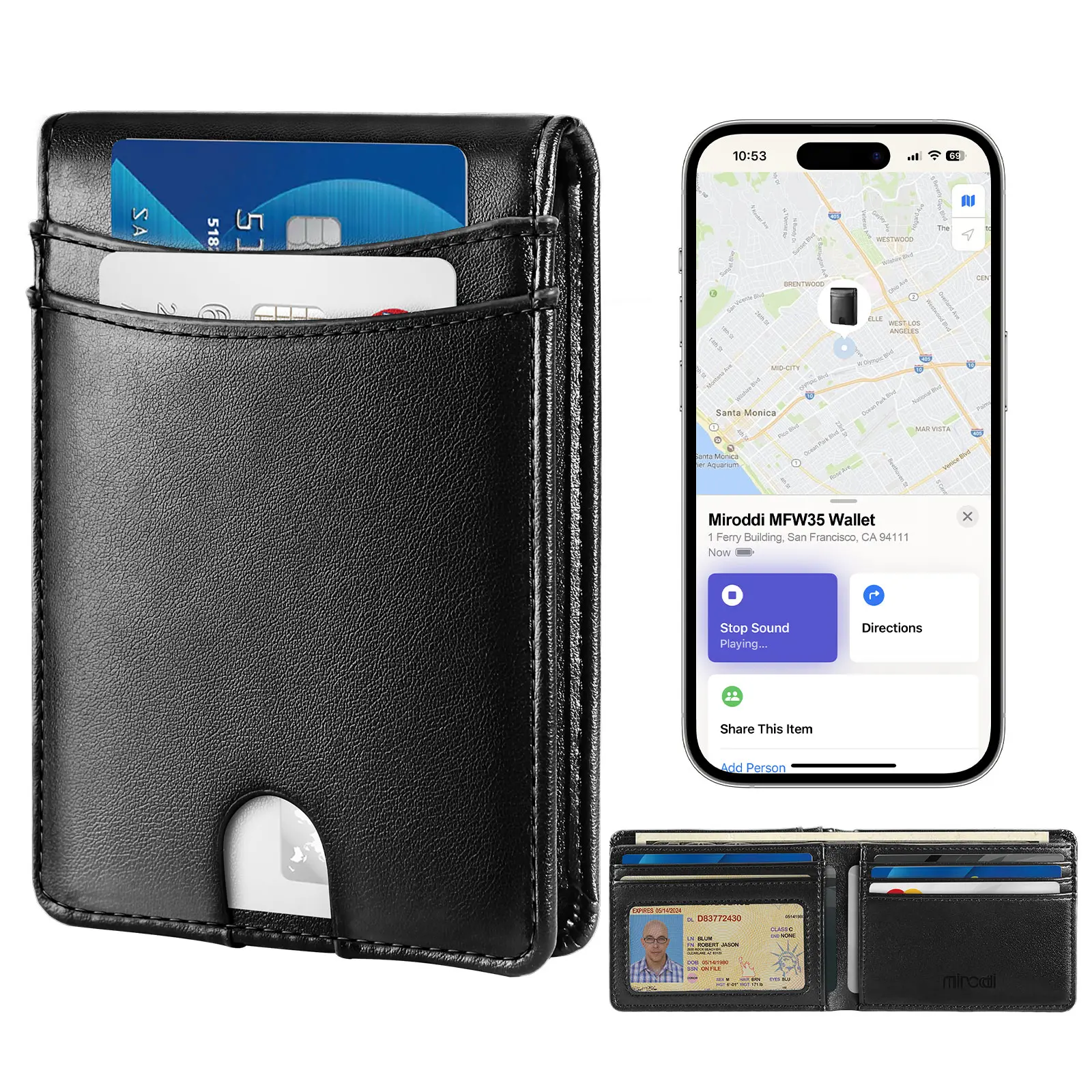 Premium Leather Mens Wallet, Works with Apple Find My, RFID Blocking Smart Wallet for Men, Holds up to 10 Cards, Slim Bifold Credit Card Holder with Cash Slot, Wireless Rechargeable