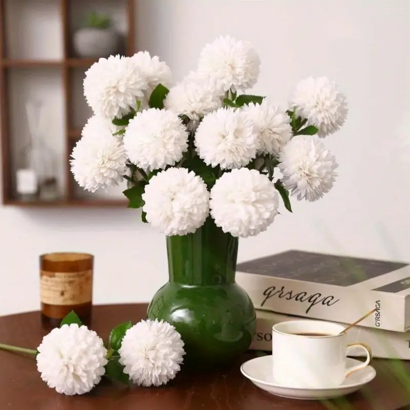 Cream White Odourless Ball Shape Artificial Chrysanthemum Flowers (12-24pcs, 11in Height, 2.75in/7cm Diameter) - Realistic Polyester Decorative Bouquet, No-Maintenance for Wedding, Home Decor, Holiday Gifting