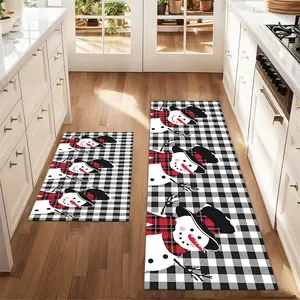 2pcs Christmas and New Year printed kitchen rug Christmas vintage Snowman Isolated with Floor Mat Set Farmhouse Kitchen Rug Dining Room Flooring Laundry Room Decor Carpet Mat Checkered Rug