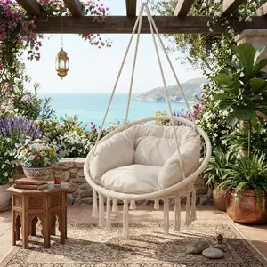 Macrame Hanging Swing Chair with Padded Cushion, 350lbs Load Bearing Hammock Chair, Comfort Hanging Seat for Adults Teens, Indoor Outdoor Swing for Porch Bedroom Garden Relax Reading Napping