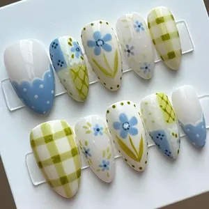 Handmade Press On Nails, Pastel Periwinkle Blue & Green Springtime Quilted Easter Flower Nails, Reusable Salon Quality Gel Glue on Nail Set