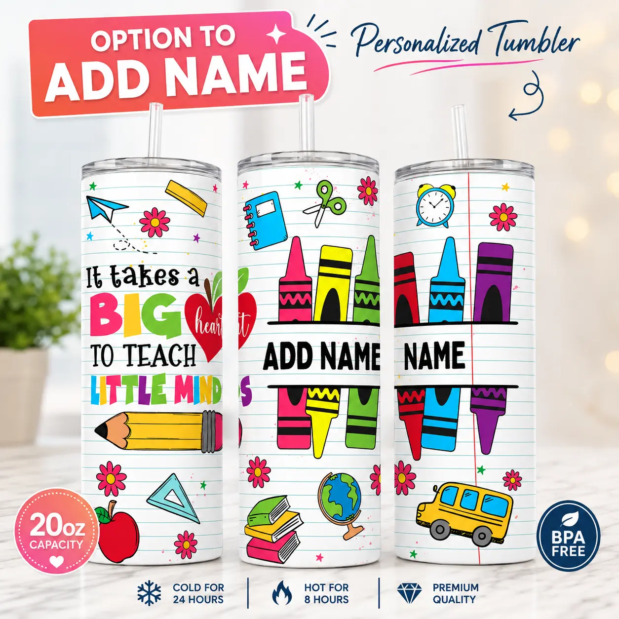 Premium Quality Personalized Vacuum Flask - "It Takes a Big Heart to Teach Little Minds" Design - BPA-Free - 24-Hour Cold Retention - 8-Hour Hot Retention