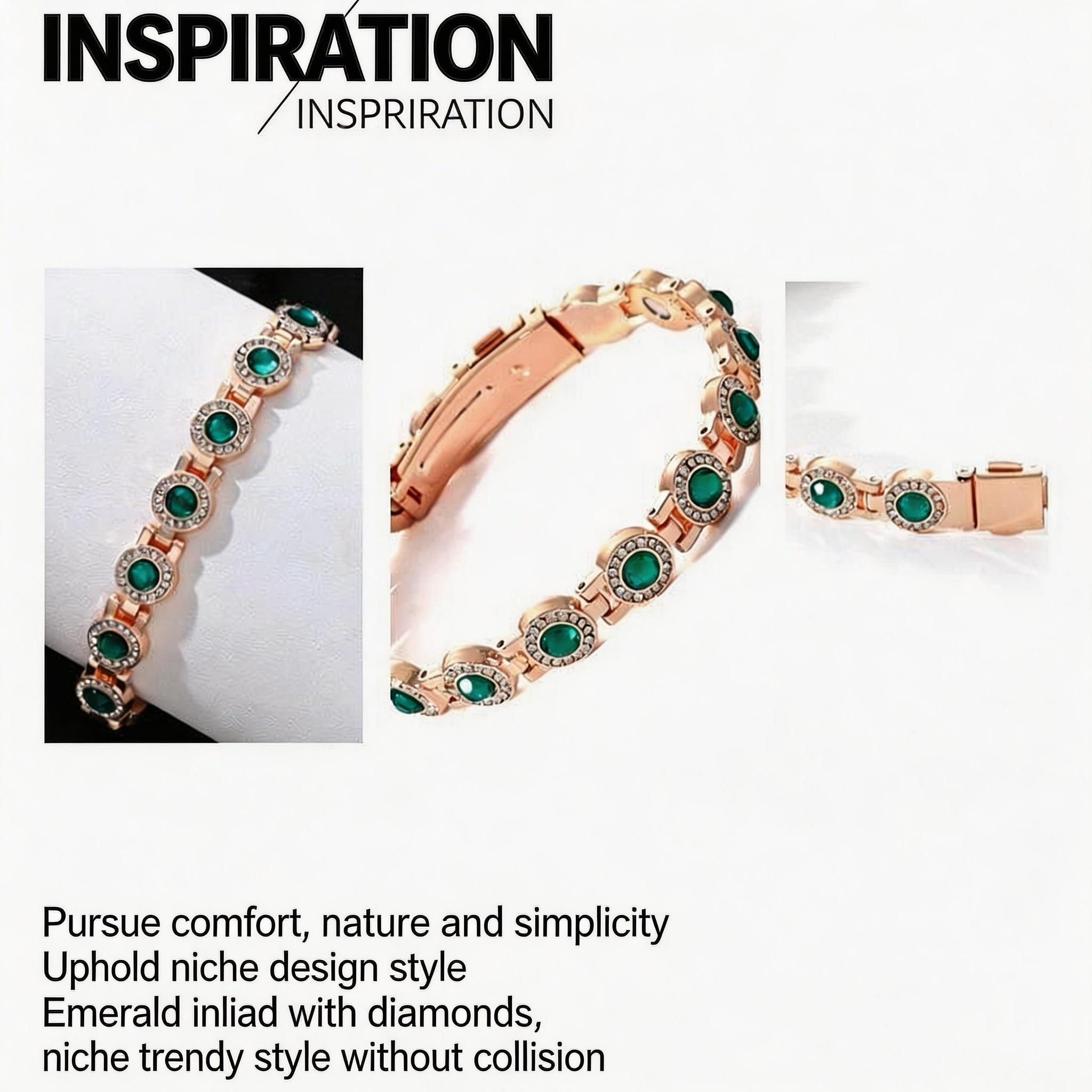 Stylish Single-Row Design: Round, Full-Diamond Magnetic Bracelet — Anti-Static Magnetic Therapy Bracelet | Rose Gold & Green Crystal | 3rd Generation Clasp Design