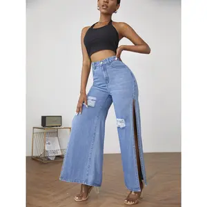 Slitted Straight Leg Light Blue Denim Jeans