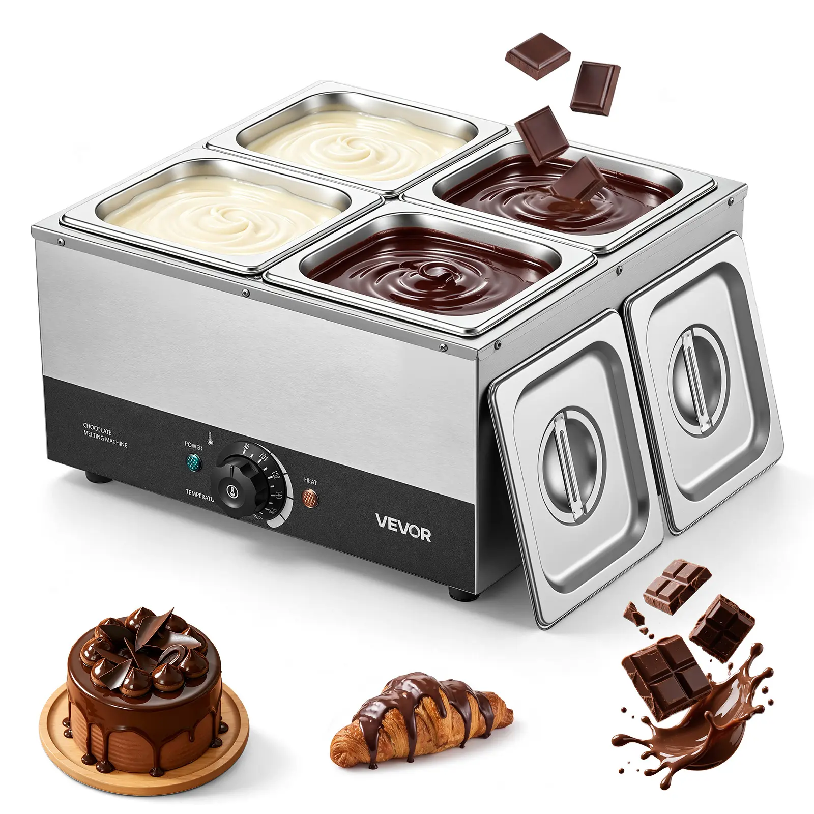 VEVOR Chocolate Melting Machine, 4 Tanks 17.6 Lbs Choc Commercial Melter, 1200W High Power, Water Bath Heating System, Stainless Steel Body, 86℉- 185℉ Temp Range, Chocolate Warmer for Cheese Milk