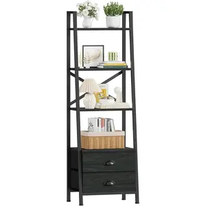 4-Tier Ladder Shelf,Small Bookshelf with 2 Drawers,Vertical Bookcase Storage Rack Organizer,Rustic Bookshelves for Living Room,Bedroom,Bathroom,Home Office,Kitchen,Rustic Brown,Black Oak