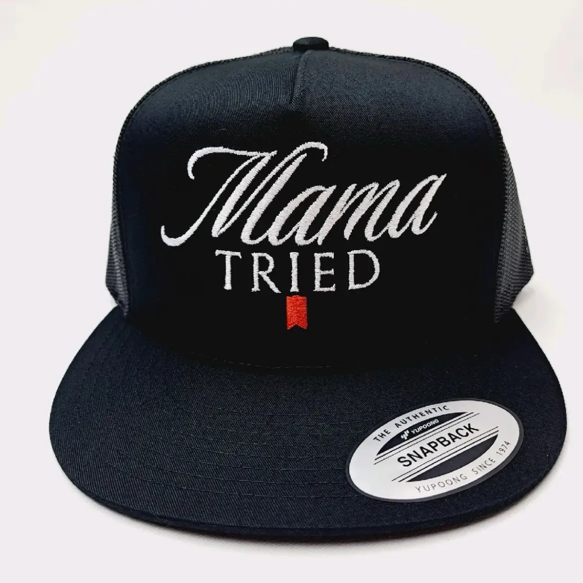 Mama Tried Flat Bill High-profile Trucker Mesh Snapback Cap Hat Black Embroidered