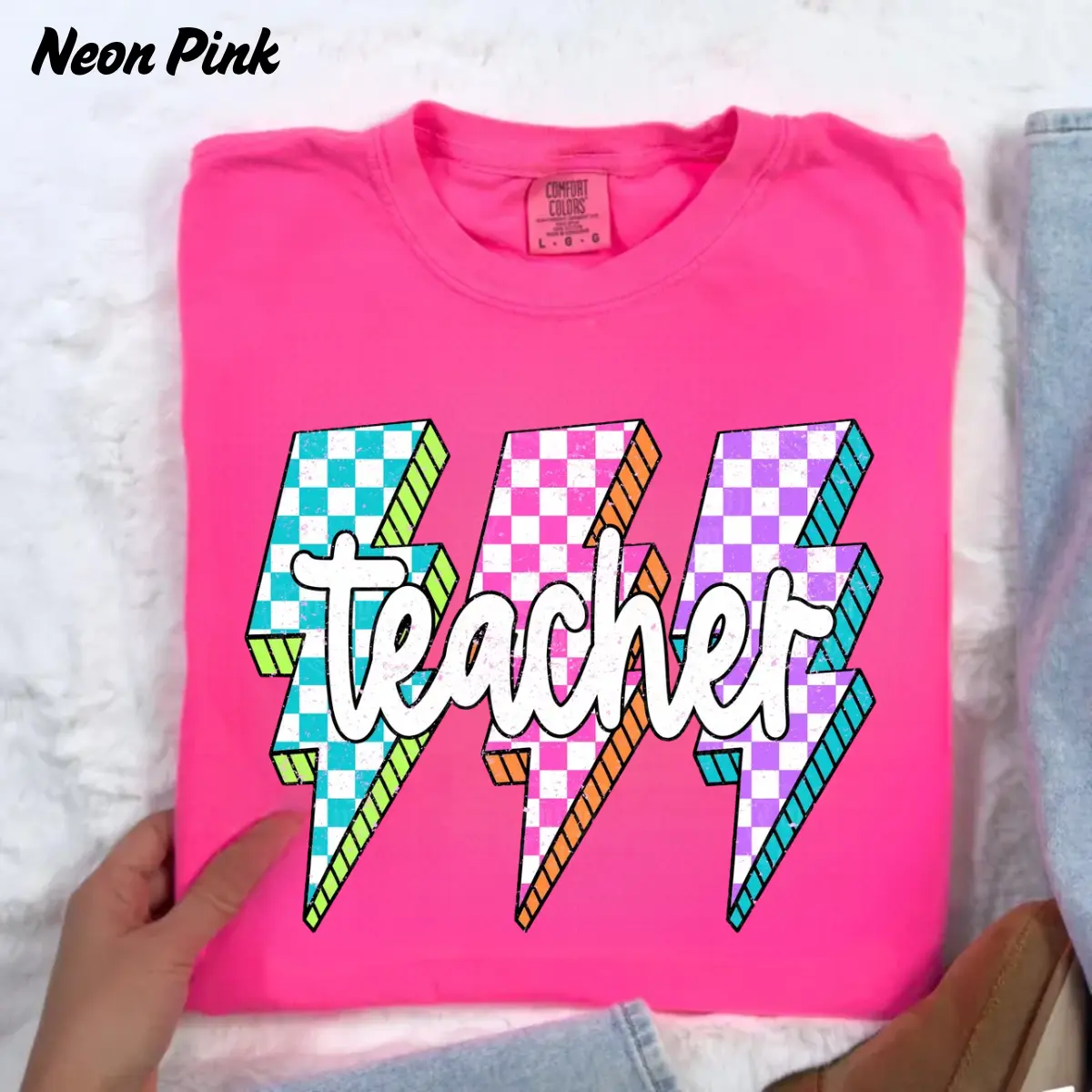 Comfort Colors Lightning Bolt Teacher Tee, Retro Neon Back to School Top, Checkered Graphic for Trendy Educators