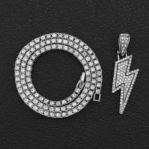 Lightning Pendant Full Zircon Hip Hop Trendy 3MM Tennis Chain Necklace Lightning Cross Pendant Necklace