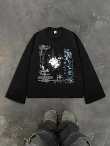 Dark Street Anime Gothic Text Print Long Sleeve Top, Unisex Casual Fitted Geometric Pattern, All-Season Versatile Pullover