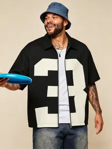 Men's Colorblock Zipper Short Sleeve Casual Shirt, Vintage Basketball Style Loose Fit Collared Streetwear, Anniversary/birthday Gift for Boyfriend/husband