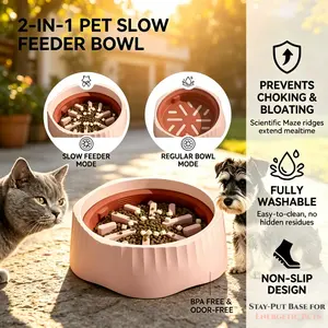 2-in-1 Convertible Slow Feeder Dog Bowl, Regular and Slow Mode for Fast Eaters, Anti-Bloat, Interactive Puzzle, Non-Slip for Small Medium Large Breed Dogs, Cats, Puppies, Pets, Coral Pink