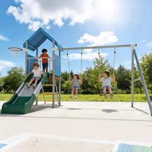 Kids Outdoor Playset with Dual Swings, Slide & Basketball Hoop, Heavy Duty Metal Backyard Playground Set, Galvanized Steel Frame Swing Set for Kids, Outdoor Play Equipment for Yard & Garden
