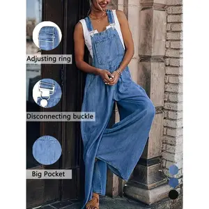 Women's Basic Denim-Effect Print Pliced Wide Leg Overalls Jumpsuit, Back To School Outfits, Lady Fashion Comfort Sleeveless Pocket Square Neck Overalls Jumpsuit, Strappy One-Piece Outfits, Womenswear, Preppy 80s Clothes