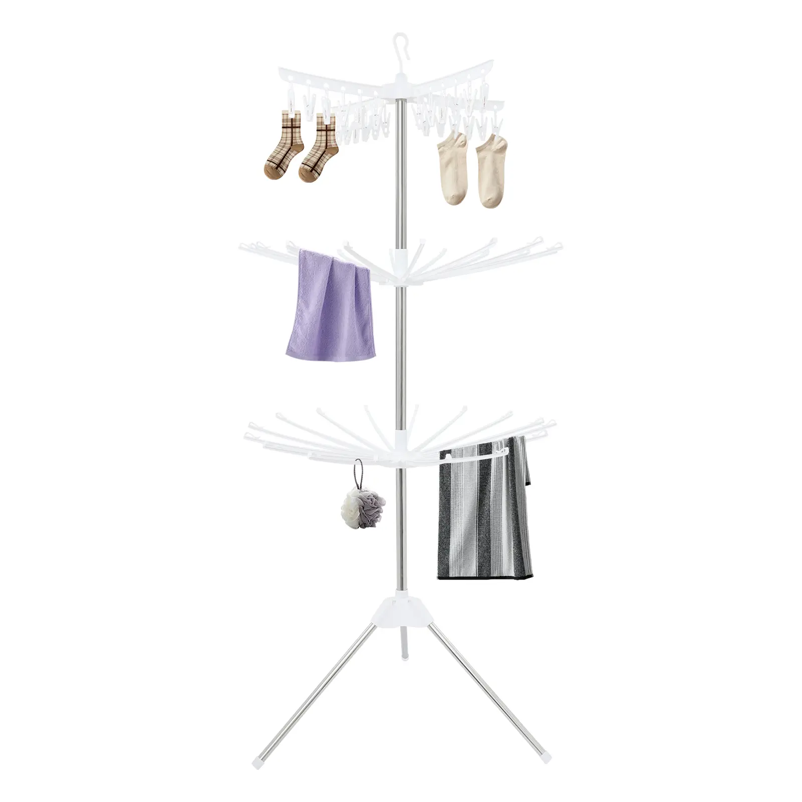 White Stainless Steel & PP 3-Tier Freestanding Drying Rack, 360° Rotatable Foldable Tripod, 24 Sock Clips, 11Lbs Load Capacity, Space-Saving for Home, Balconies & Small Spa Laundry Use