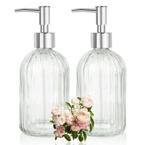 2 Pack Clear Glass Soap Dispenser 13 Oz/400ml, Striped Transparent Liquid Hand Soap Dispenser for Kitchen Bathroom, Suitable for Lotions Shower Conditioner Diswashing Liquid (Silver Pump)