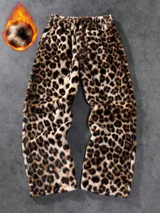 Unisex Leopard Print Fleece Pants, Soft Rabbit Fur Fabric, Fall Winter Warm Comfort, Street Hip Hop Style, Daily & Outdoor Wear, Streetwear, Bottoms
