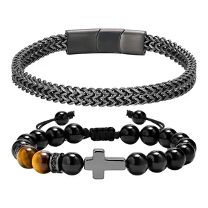 OIDEA To My Man Bracelet Set for Men, Stainless Steel Cross Chain & Tiger Eye Beaded Adjustable Christian Jewelry Gift With Card