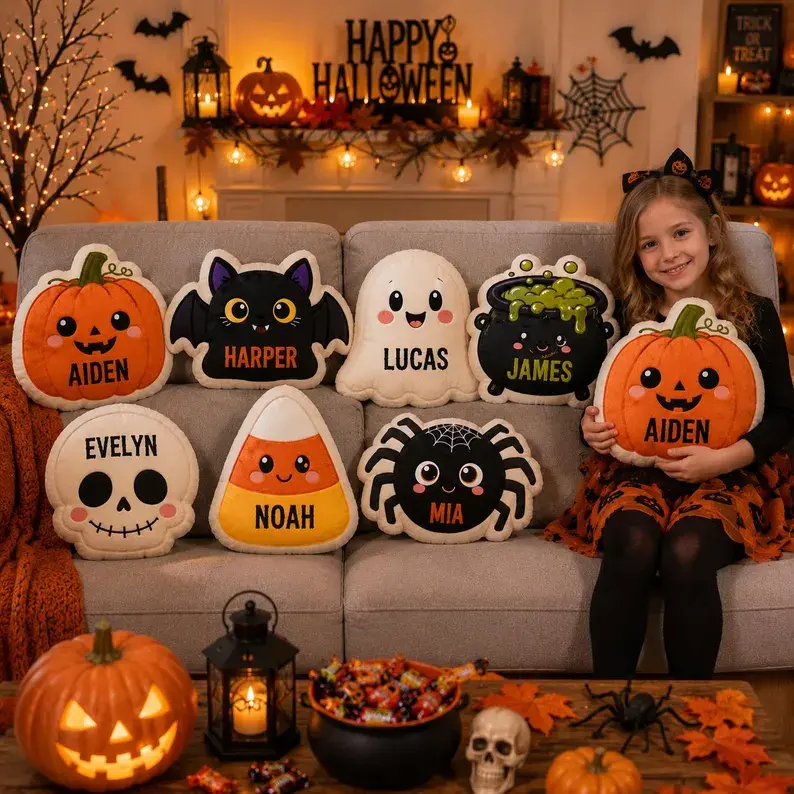 Personalized Halloween Pillow, Custom Name Witch Halloween Pillow, Skeleton Halloween Pillow, Ghost Pillow, Halloween Pillow Decor Gift