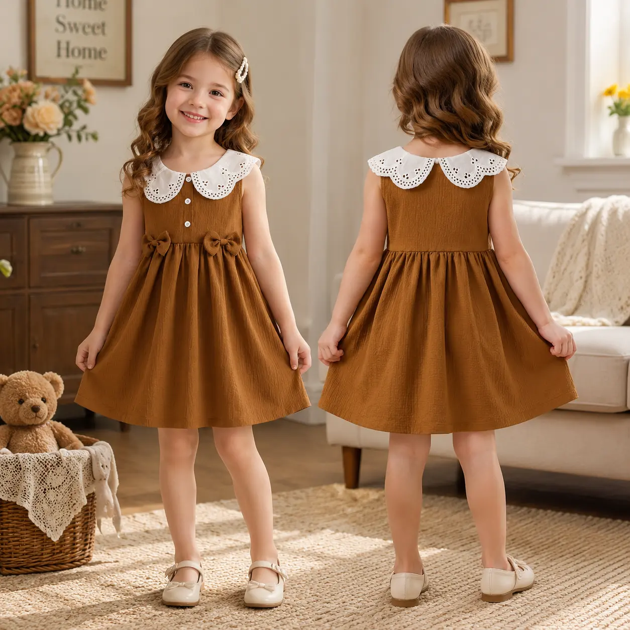 Girls Vintage Brown Dress with Lace Peter Pan Collar , Cute Bow Detail Sleeveless Party Dress for 4-7 Years , Classic Boutique Style Toddler Outfit