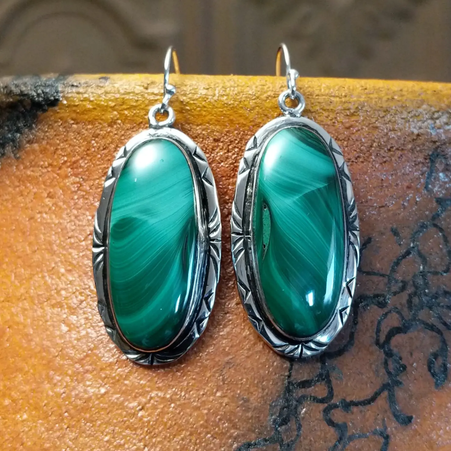 Large Malachite Oval Earrings by Terry Wood SWSG-ERN-0048