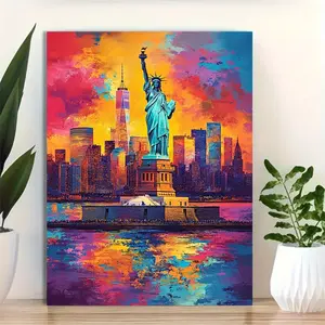 1 Piece 12x16inch Frame Canvas Print - Vibrant New York Skyline and Statue of Liberty Wall Art, Panoramic City Scenery with Reflective Water Effect, Modern Home Decor Suitable for Living Room, Office, Art Decoration, Dynamic City Landscape, Rich Color Ton
