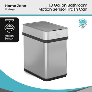 Home Zone Living 2 Gallon Slim Sensor Trash Can with Butterfly Lid and Touch Controls, Rectangular Stainless Steel, Silver