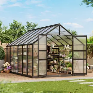 8x12 FT Polycarbonate Greenhouse - Large Walk-In Aluminum Frame, Roof Vent, Lockable Door for Garden, Backyard, Patio & Lawn (Black)