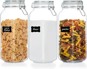 Vtopmart 78Oz Glass Food Storage Jars with Airtight Clamp Lids 3 Pack Large Kitchen Canisters for Flour Cereal Coffee Pasta Canning Square Mason Jar with 8 Chalkboard Labels BPA Free Sturdy Transparent Containers