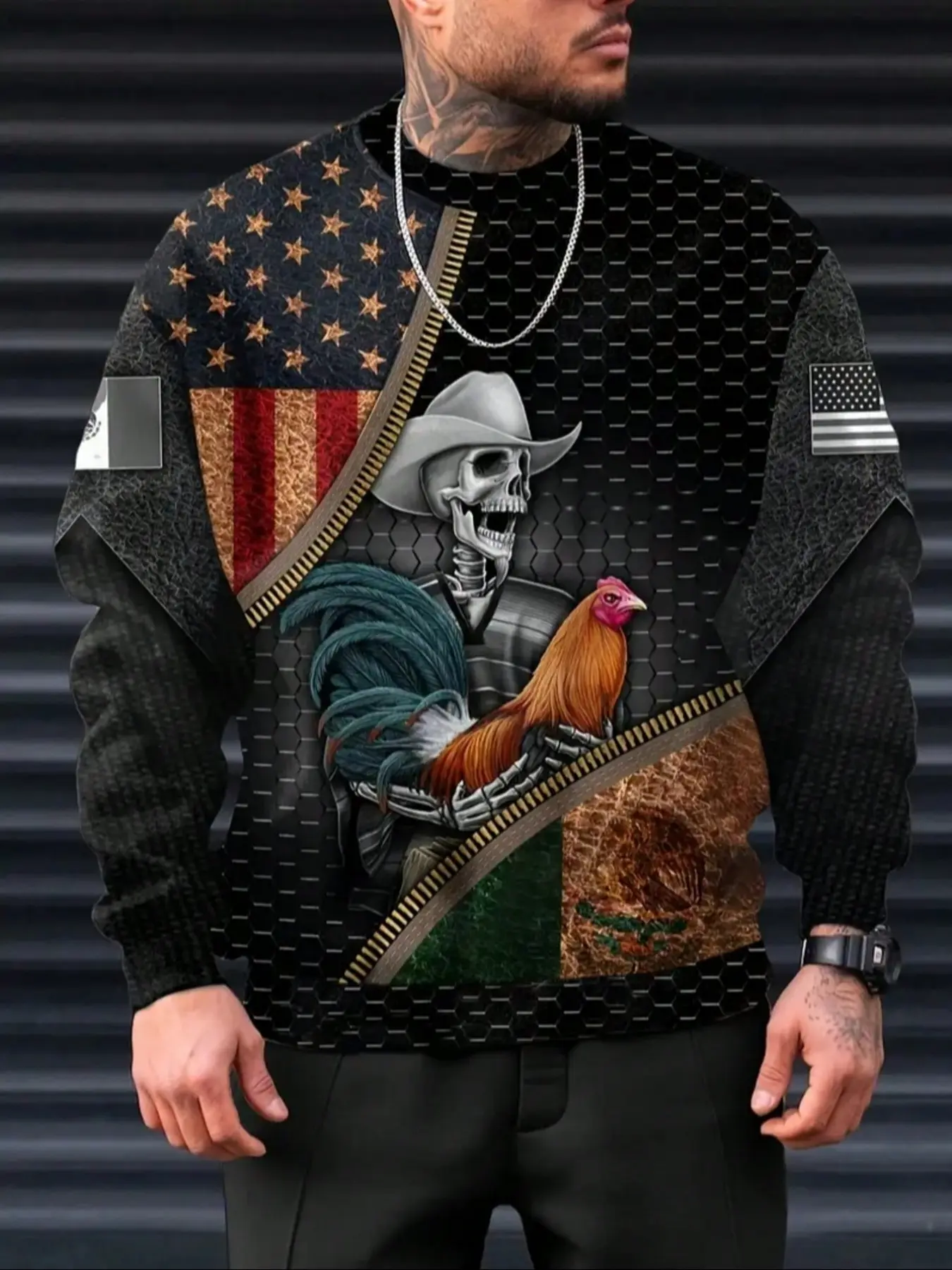 Men's Patriotic Skull & Rooster Graphic Sweatshirt, Casual Fitted Polyester Blend, Long Sleeve Round Neck Pullover, Outdoor Activities, Casual Print Clothes