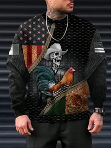 Men's Patriotic Skull & Rooster Graphic Sweatshirt, Casual Fitted Polyester Blend, Long Sleeve Round Neck Pullover, Outdoor Activities