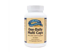 Chupp's Herb Company One-Daily Multi Caps Iron-Free Formula with Lutein CoQ10 & Lycopene 120 Vegetarian Capsules for Digestion & Overall Health
