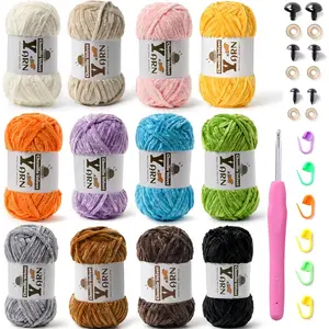 12 Pack Multicolor Crochet Yarn, Fluffy Chunky Chenille Yarn for Crocheting, Fuzzy  Yarn for Crochet Kit,  Yarns for Crocheting Soft Amigurumi Yarns Set D (100g/87yds Each)