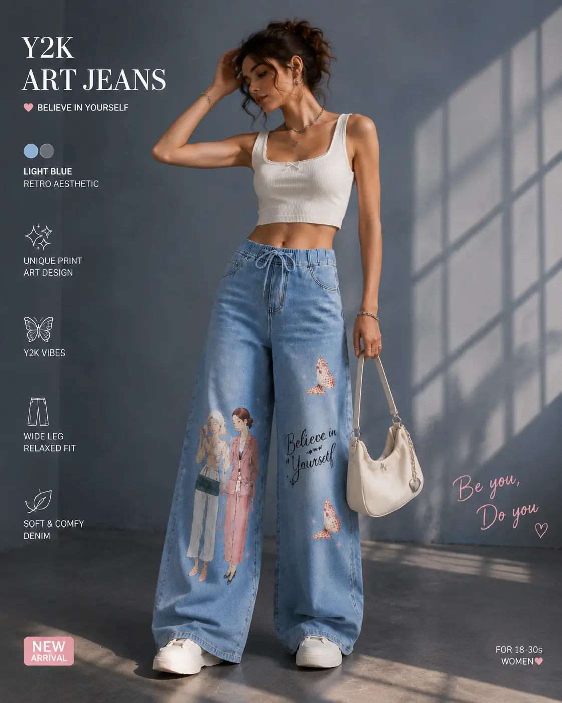 Aesthetic Y2K Jeans Women, Cute Butterfly Graphic Denim Pants, Loose Straight Leg Drawstring Waist Jeans, Vintage Streetwear
