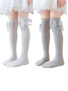 2 Pairs Girls' Knee-High Socks, Over-The-Knee Long Socks, Bow Princess Style, Fashion Accessories