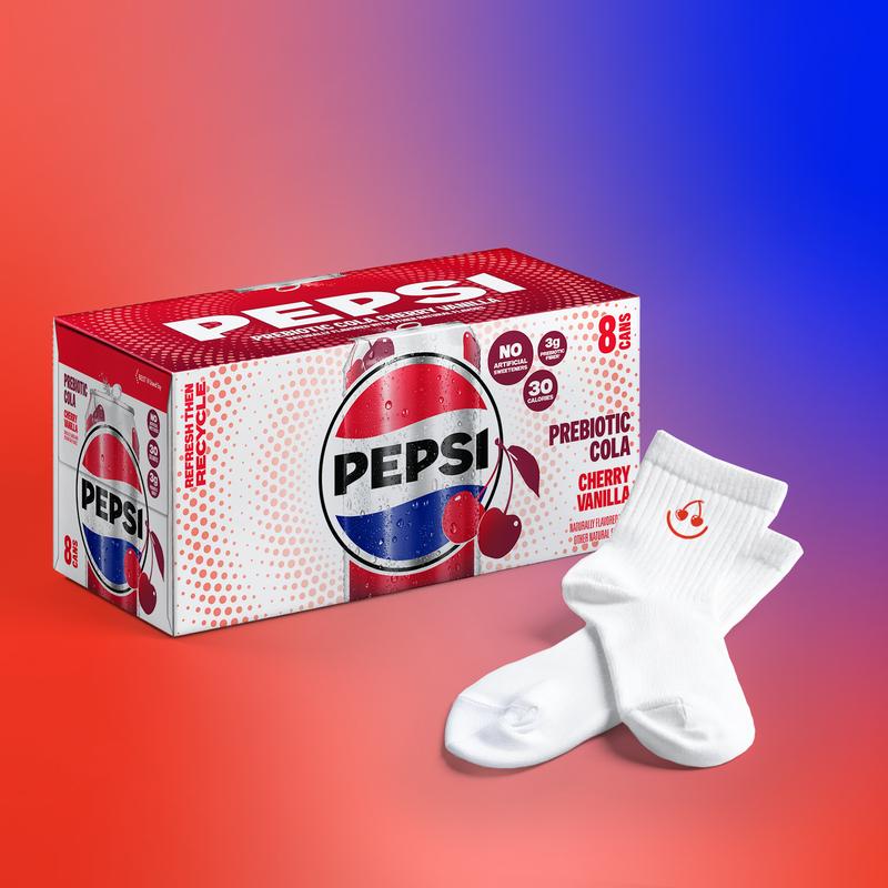 PEPSI Prebiotic Cola and PEPSI Prebiotic Cherry Vanilla Cola, 12 Fl Oz Cans (Pack of 8) and Socks