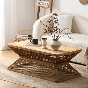 Mid-Century Modern Coffee Table, 43.3" Rectangular Wood Accent Table with Woven Bamboo Base – Rustic Boho Low Profile Cocktail Table for Living Room