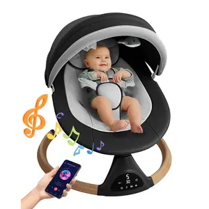 Baby Swing for Infants, Baby Electric Bouncer with 5 Point Harness, Bluetooth Support, 10 Preset Lullabies and 3 Speeds with Remote Control, Black & Woodgrain