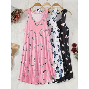 3pcs Women's Plus Size Sleepwear Set Casual Nightgowns with Cartoon Hearts & Butterflies, Lightweight Stretch Fabric, Perfect for Fall Nightwear, Playful Print Design