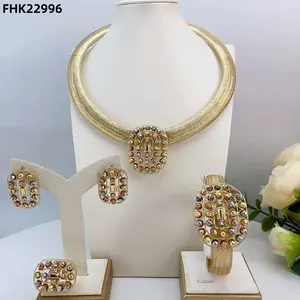 FHK22996 Elegant Gold-Tone Rhinestone Jewelry Set with Necklace Earrings and Bracelet for Women