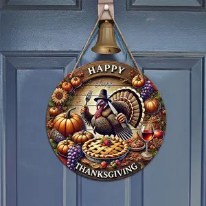 Thanksgiving Themed Wooden Hanging Sign, 1 Count Round Harvest Turkey Pumpkin Ornament, Door Hanger for Home Festival Party Decoration