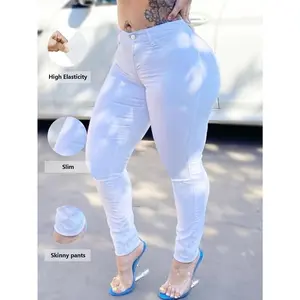 Women's Plus Size White Plain Skinny Jeans, High-Stretch Denim, Ankle-Length, Basic Style, Casual Fashion Pants