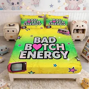 Bad Bitch Energy 90s Retro 3-Piece Fitted Sheet Set (1 Fitted Sheet + 2 Pillowcases, No Inner Filler), Deep Pocket Elastic Bed Cover, Soft All-Season Bed Sheet, Suitable for Teen Bedrooms, Dorms and Decoration