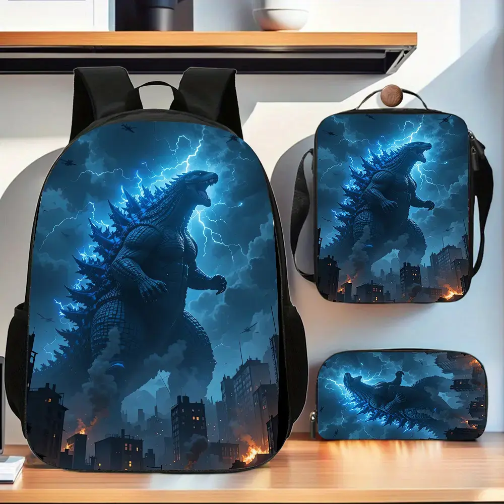 Godzilla 3-Piece Backpack Set, Epic City Destruction Print School Bag + Lunch Bag + Pencil Case, Oxford Cloth Adjustable Strap Daypack for Monster Fans & Kids