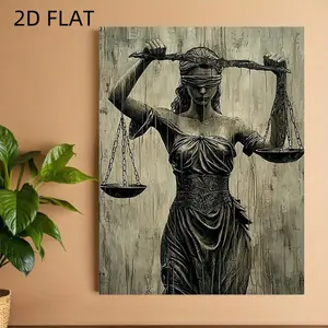 1 piece wooden frame poster Goddess of Justice wall art - 8x12 inch wooden frame canvas oil painting, featuring modern proportions and blindfold design, vintage wooden frame home and office decoration, holiday gift, perfect room decoration, 2D flat