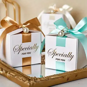 50pcs Gift Packaging Boxes, Square Candy Box with Ribbons & Pearls, Perfect for Weddings Birthdays Parties, Elegant Party Supplies