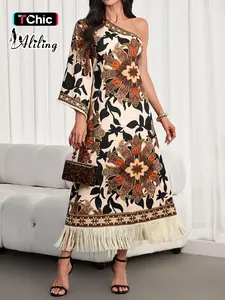 Women's Elegant Tropical Rainforest Print Fringe Dress, Asymmetrical Neckline A-Line Casual Dress, Spring Summer New Floral Dress, Casual Wear