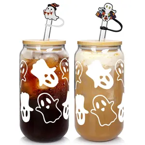 Halloween Mugs - 2counts 16oz Halloween GhostDecorations Glass Cups Tumbler for lced Coffee,Glassware Cookie Jar Decor Gift Drinking Water Bottles