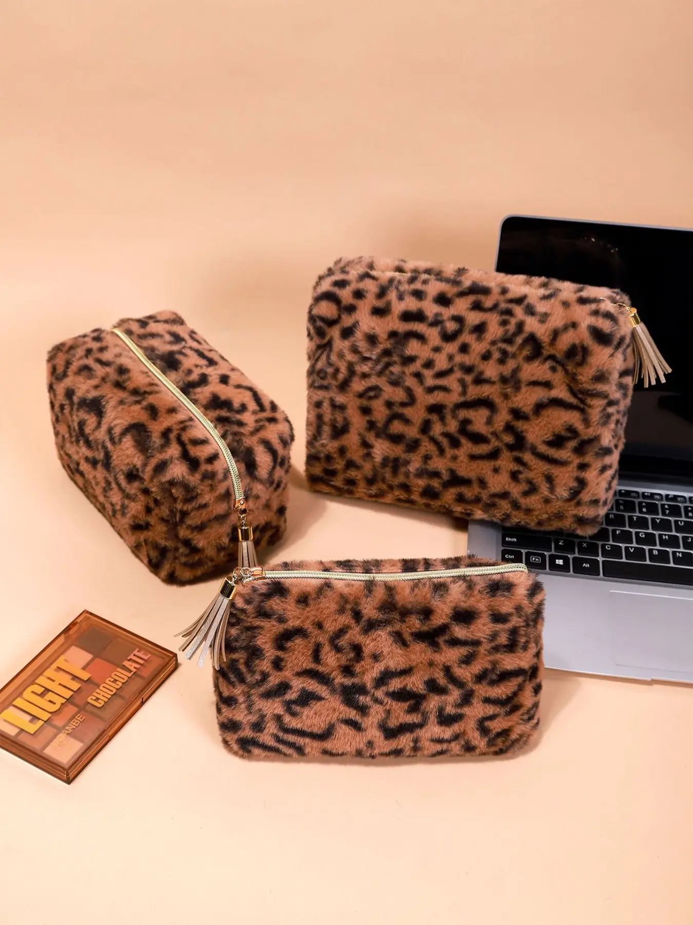 3pcs New leopard print plush makeup bag for women, Makeup Organizer Pouch, Travel cosmetic bag, portable and washable storage bag with zipper closure, suitable for college students' makeup storage, business trips