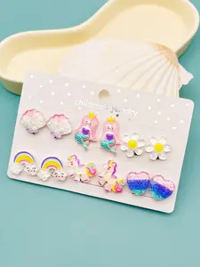 12pcs/1set，daffodil shell clip-on earrings, featuring adorable cartoon resin jewelry in styles such as mermaid, rainbow, butterfly, heart, and unicorn, suitable for everyday wear.